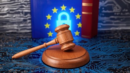 Judicial Gavel on Sound Block Over Blue Circuit Board with EU Flag and Security Padlock for Cybersecurity Regulations