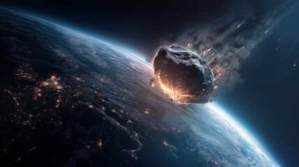Giant Meteor Entering Earth's Atmosphere at Night, Asteroid Impact and Cosmic Disaster Concept