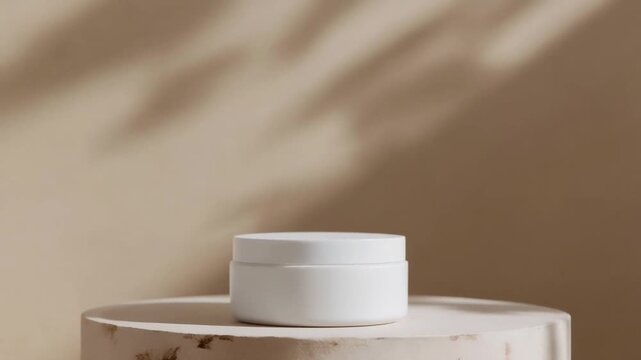 Unlabeled white cosmetic jar mockup on a textured concrete podium with natural leaf shadows against a minimalist beige background.