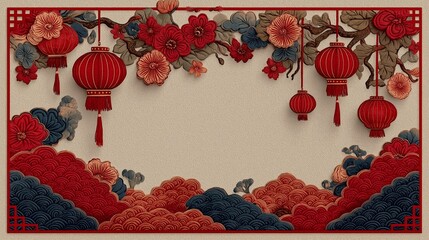 3D Paper Cut Lunar New Year Frame with Red Lanterns and Flowers, Chinese Oriental Background with Copy Space