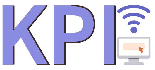 Digital analytics, performance tracking, wireless technology, business goals, data analysis, internet usage. KPI acronym with a wireless icon and computer graphic. Performance tracking and data