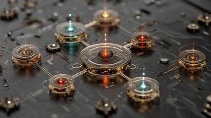 Advanced quantum computing processor with glowing golden circuits and interconnected nodes, futuristic technology concept