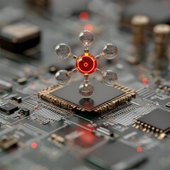 Advanced quantum computing chip with glowing red core and glass nodes on electronic circuit board, futuristic technology concept