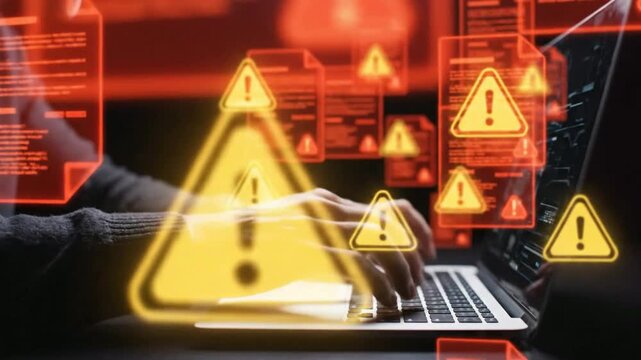 Person typing on laptop with warning signs and documents