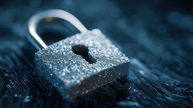 Digital padlock secures futuristic electronic circuit board - Powered by Adobe