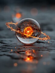 Futuristic Quantum Energy Core with Glowing Orange Center and Orbiting Liquid Rings, Abstract Science and Fusion Technology Concept