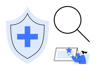 Fototapeta premium Online security, healthcare solutions, data management, search function, medical services, digital trust. Shield with cross, magnifying glass person interacting with tablet. Online security