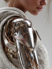 Close-up of Advanced Silver and Gold Cybernetic Prosthetic Shoulder on a Woman, Futuristic Bionic Limb and Healthcare Technology Concept