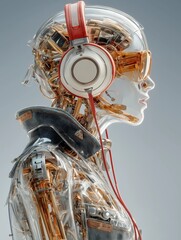 Futuristic Female Cyborg with Headphones and Transparent Glass Body, Stylized Android with Visible Internal Gears and Tech Concept