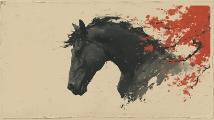 Traditional Chinese Ink Painting of a Horse Head with Red Splatters, Artistic Oriental Brushwork Portrait Concept