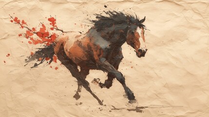 Traditional Chinese Ink Painting of a Galloping Horse with Red Flower Splatters on Textured Paper Background