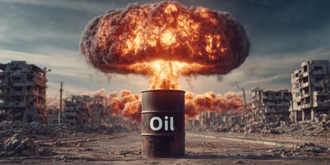 Global energy crisis and war concept with oil barrel in front of a nuclear explosion and ruined city, symbolic of resource conflict.