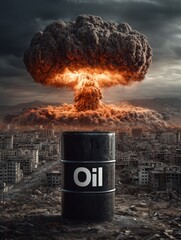 Oil barrel in ruined city with nuclear explosion, concept of global energy crisis, resource war, and crude oil conflict.