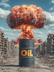 Global energy crisis and war concept with oil barrel in front of a nuclear explosion and ruined city, symbolic of resource conflict.