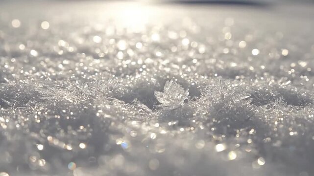 Gently falling snow creating new sparkling layers Dynamic shot, slight tilt-down, capturing snowflakes settling and glittering