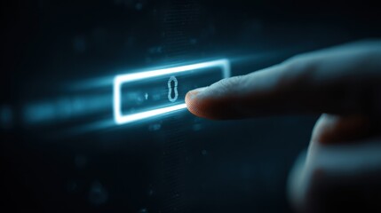 Finger pressing glowing button with abstract background