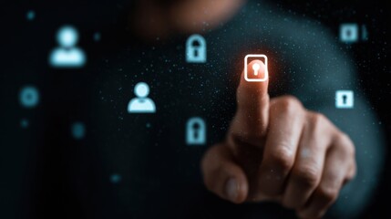 Finger touching secure lock icon in digital space