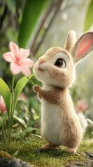 Adorable Brown Bunny Sniffing a Delicate Pink Flower in a Lush Green Forest