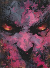 Abstract Dark Face With Glowing Red Eyes And Pink Splatter Texture
