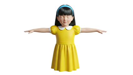 3D Render of a Young Girl in a Yellow Dress with Arms Outstretched