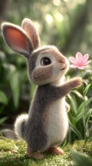 Adorable Fluffy Bunny Sniffing a Delicate Pink Flower in a Sunlit Forest Clearing