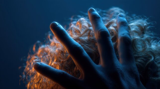 Close Up Hand Reaching Through Swirling Blue And Orange Particles Against Dark Blue Background
