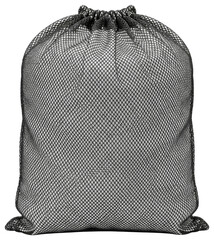 Full black mesh drawstring laundry bag filled with white items isolated on a transparent background