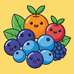 Colorful cartoon fruits with smiling faces on yellow background