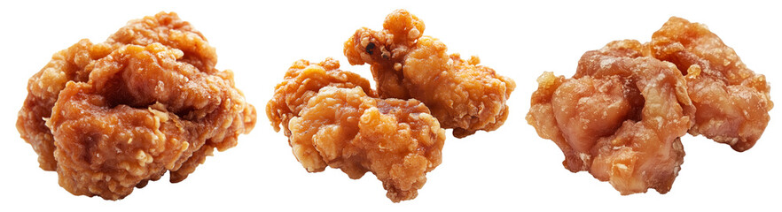 Crispy glazed fried chicken Karaage nuggets isolated on white transparent background. Concept of Asian cuisine and Japan