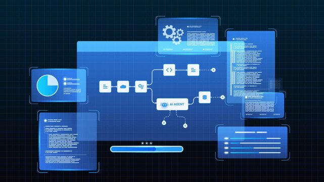 Futuristic AI automation workflow network diagram dashboard system processing flow with automation pipelines, analytics dashboards, code modules and automation system, looped animation