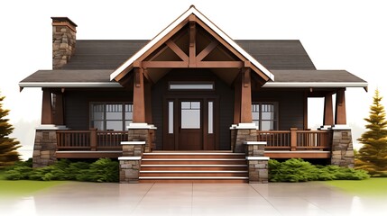 Modern rustic house with large porch and stone chimney exterior