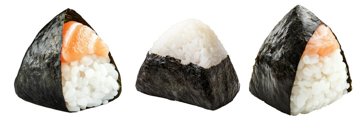 Japanese salmon onigiri rice ball wrapped in nori seaweed, isolated on white background, Asian cuisine concept