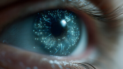Cybernetic Eye: A close-up view of a human eye transformed into a captivating spectacle of the future, its iris intricately interwoven with glowing circuits.