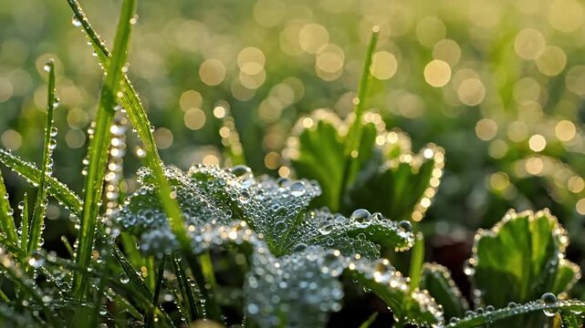 Delicate Dew-Bejeweled Spiderweb A finely spun spiderweb intricately beaded with dew drops, sparkling like a natural string of pearls, catching the first rays of spring morning light.