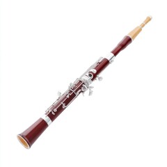 Elegant woodwind instrument with metal keys and detailed craftsmanship on a white background