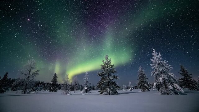 Cosmic Dance A dynamic, detailed shot focusing on the shifting, flowing patterns and intense colors of the aurora glow against a deep, starry winter sky.