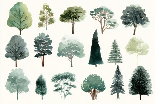 Set of watercolor tree illustrations in muted greens and warm earth tones showcasing various tree species with textured foliage and bark styles