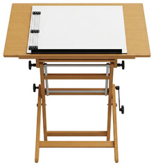 Wooden adjustable drafting table with white paper and black ruler isolated on a transparent background