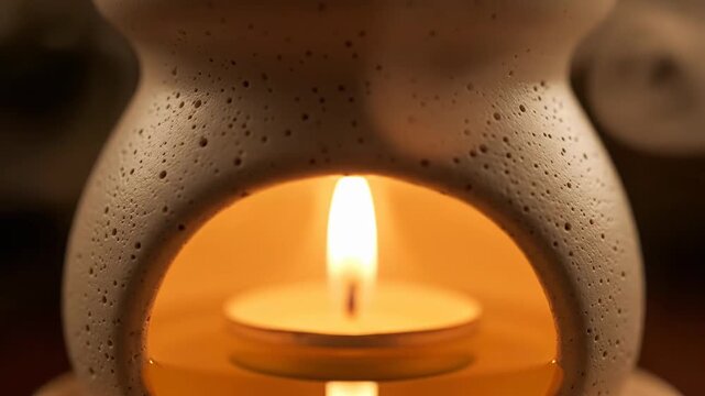 Close Up Macro Shot of a Lit Candle Inside a Textured White Ceramic Oil Diffuser Emitting Gentle Smoke Against a Dark Bokeh Background Illuminated by Warm Soft Light Creating a Relaxing Ambiance