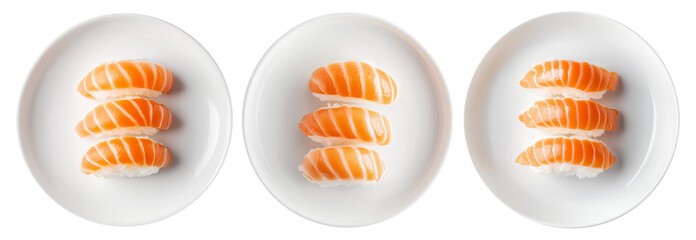 Salmon nigiri sushi arranged neatly on white plate, isolated on white background, concept of Japanese cuisine