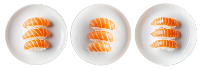 Salmon nigiri sushi arranged neatly on white plate, isolated on white background, concept of Japanese cuisine