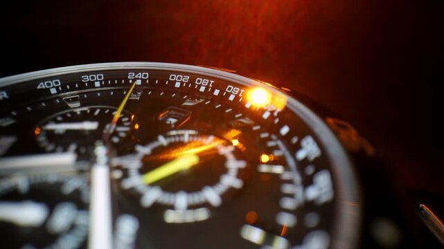 Macro close-up of luxury chronograph watch illuminated by intense orange red light. Scene highlights precision timekeeping, a dramatic cinematic atmosphere.