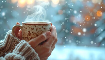 Cozy Winter Mornings: Steaming Cup of Coffee in a Winter Wonderland
