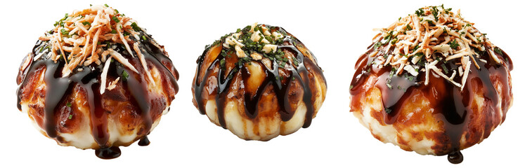 Japanese takoyaki ball topped with thick sauce, green onions and bonito flakes, isolated on white transparent background