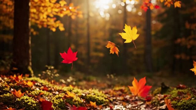 Golden Hour Drift Sun-drenched autumn leaves falling gracefully through warm, golden light during sunrise or sunset, creating long, ethereal shadows and a magical, serene atmosphere. The backlight