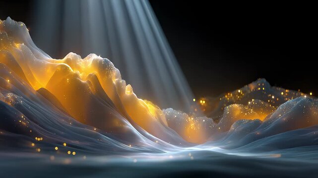 Abstract golden particle mountain waves with top light beams
