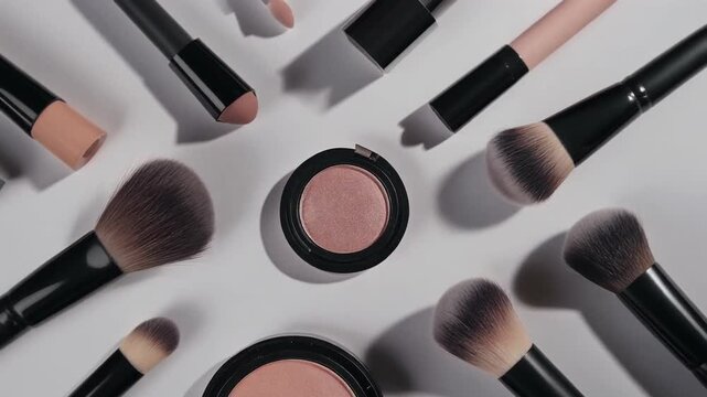 Professional cosmetic makeup brushes and nude blush powder scattered flat lay on a clean white background.