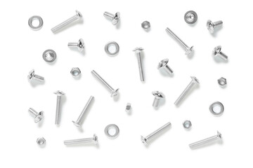 Naklejka premium Different tap bolts and chrome nuts isolated on white background