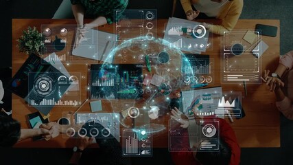 A diverse group engages in collaboration over a digital interface filled with data visualization elements, showcasing teamwork and modern business analytics. Raster - Powered by Adobe