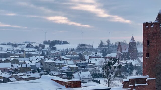 Aerial winter Teutonic Castle in Radzyn Poland 2. Brick Gothic monastery castle built 1234 AD, Teutonic Knights. Northern royal town.  Historical buildings. Saint Anne church 12th century.